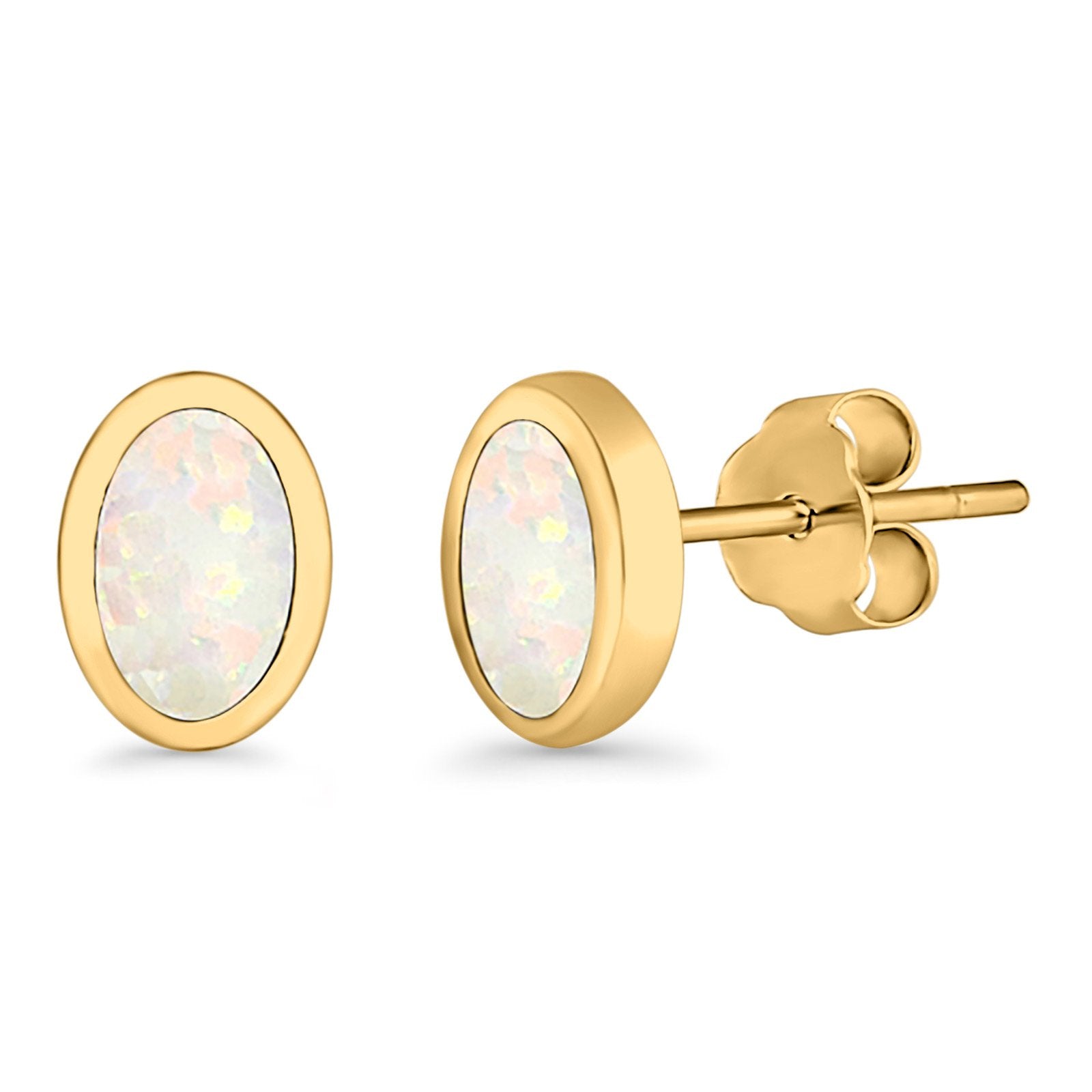 Oval Stud Earrings Lab Created Opal 925 Sterling Silver (7mm)