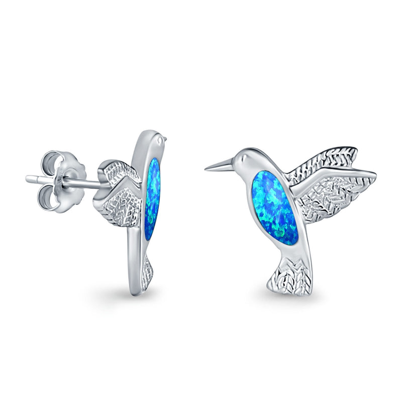 Hummingbird Stud Earrings Lab Created Opal 925 Sterling Silver (15mm)