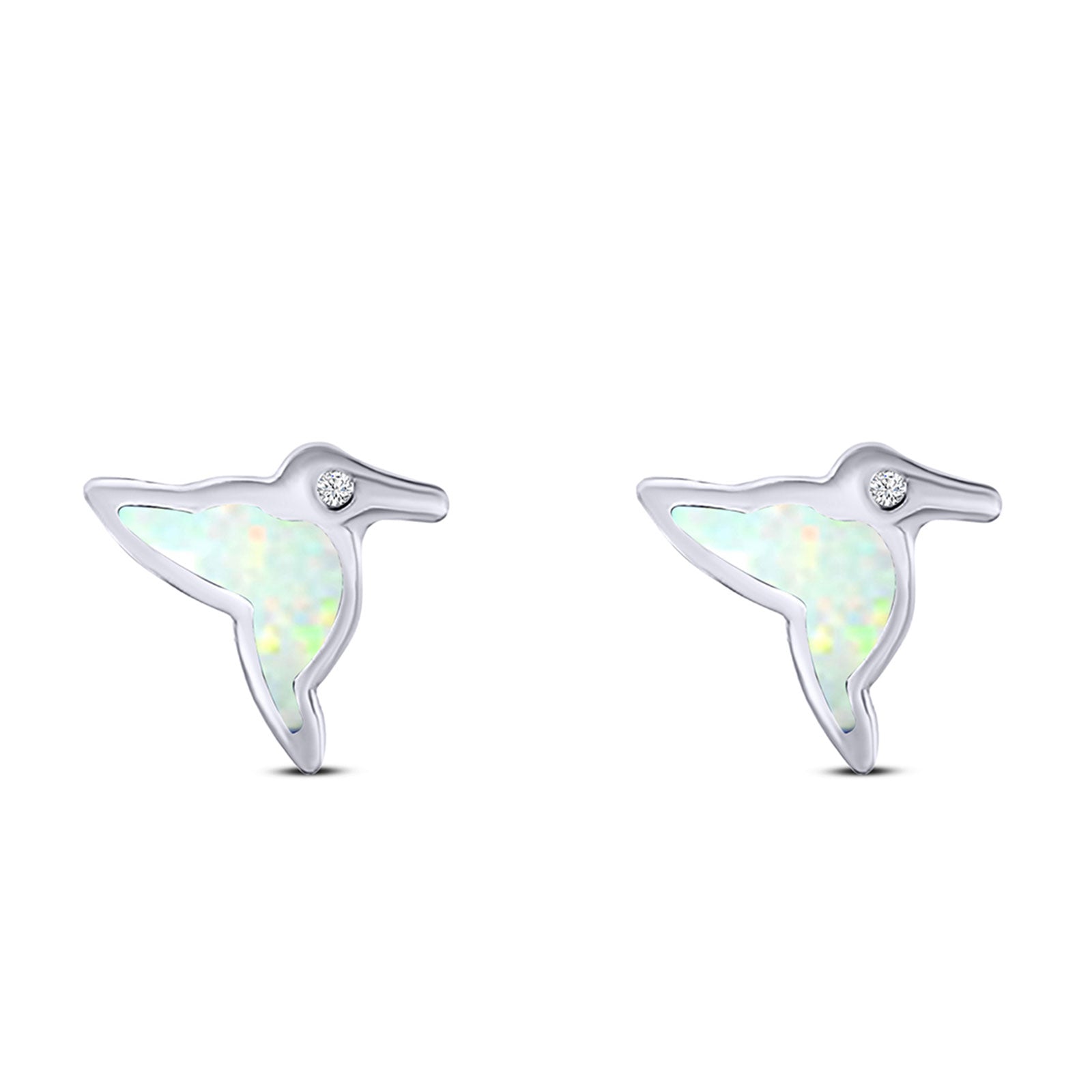 Hummingbird Stud Earring Created Opal Solid 925 Sterling Silver (10mm)
