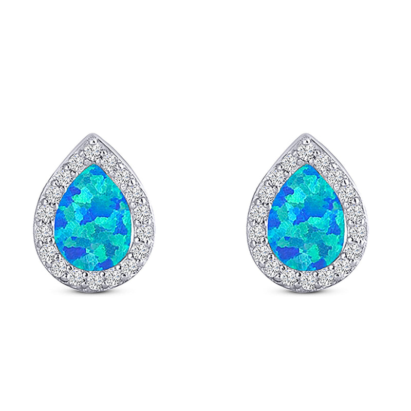 Halo Pear Stud Earring Simulated Cubic Zirconia Created Opal Solid 925 Sterling Silver (11mm)