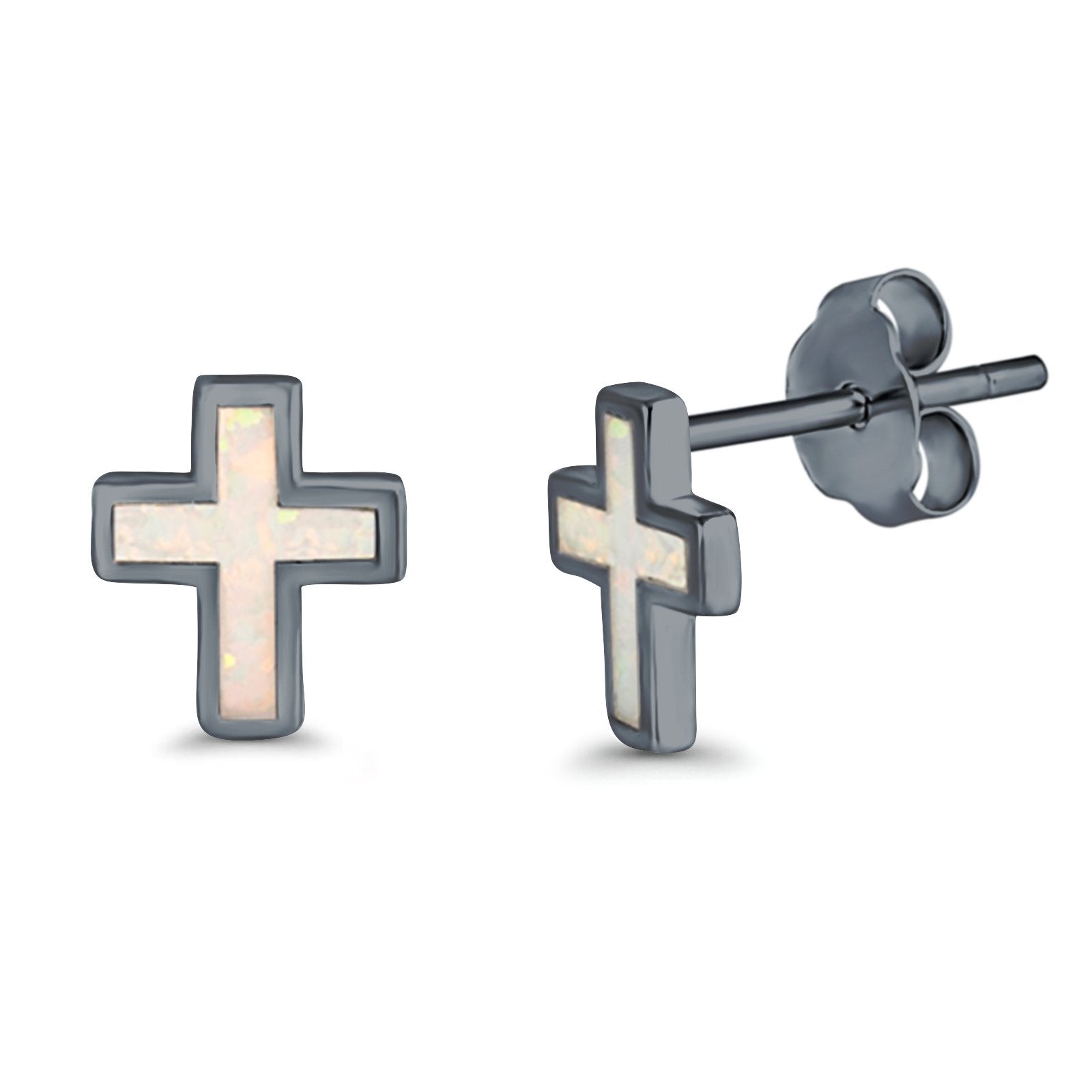 Cross Stud Earrings Lab Created Opal 925 Sterling Silver (14mm)