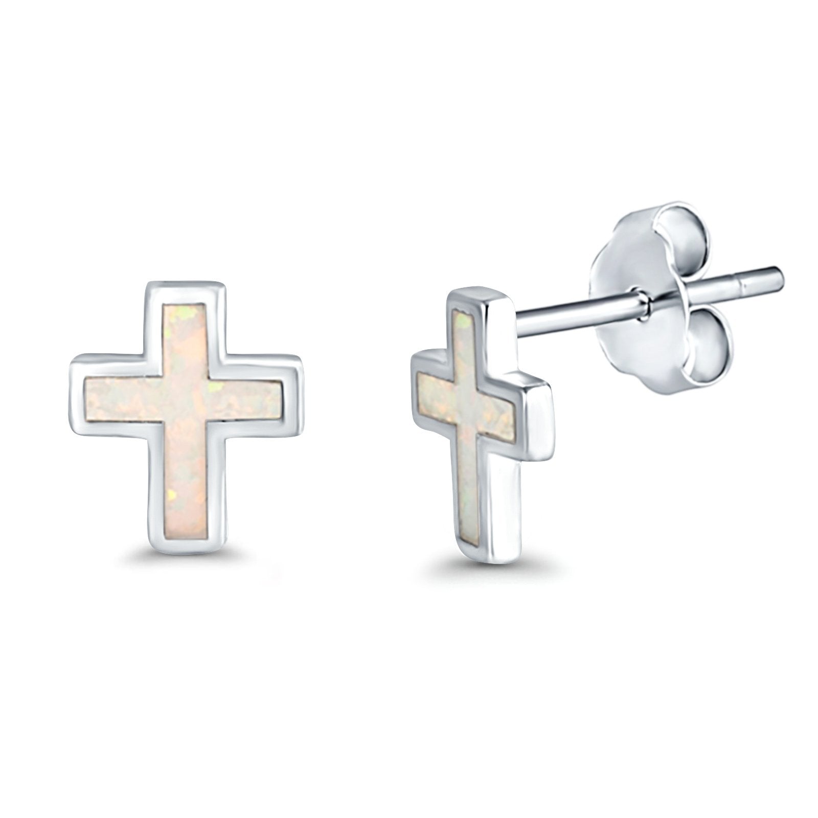 Cross Stud Earrings Lab Created Opal 925 Sterling Silver (14mm)