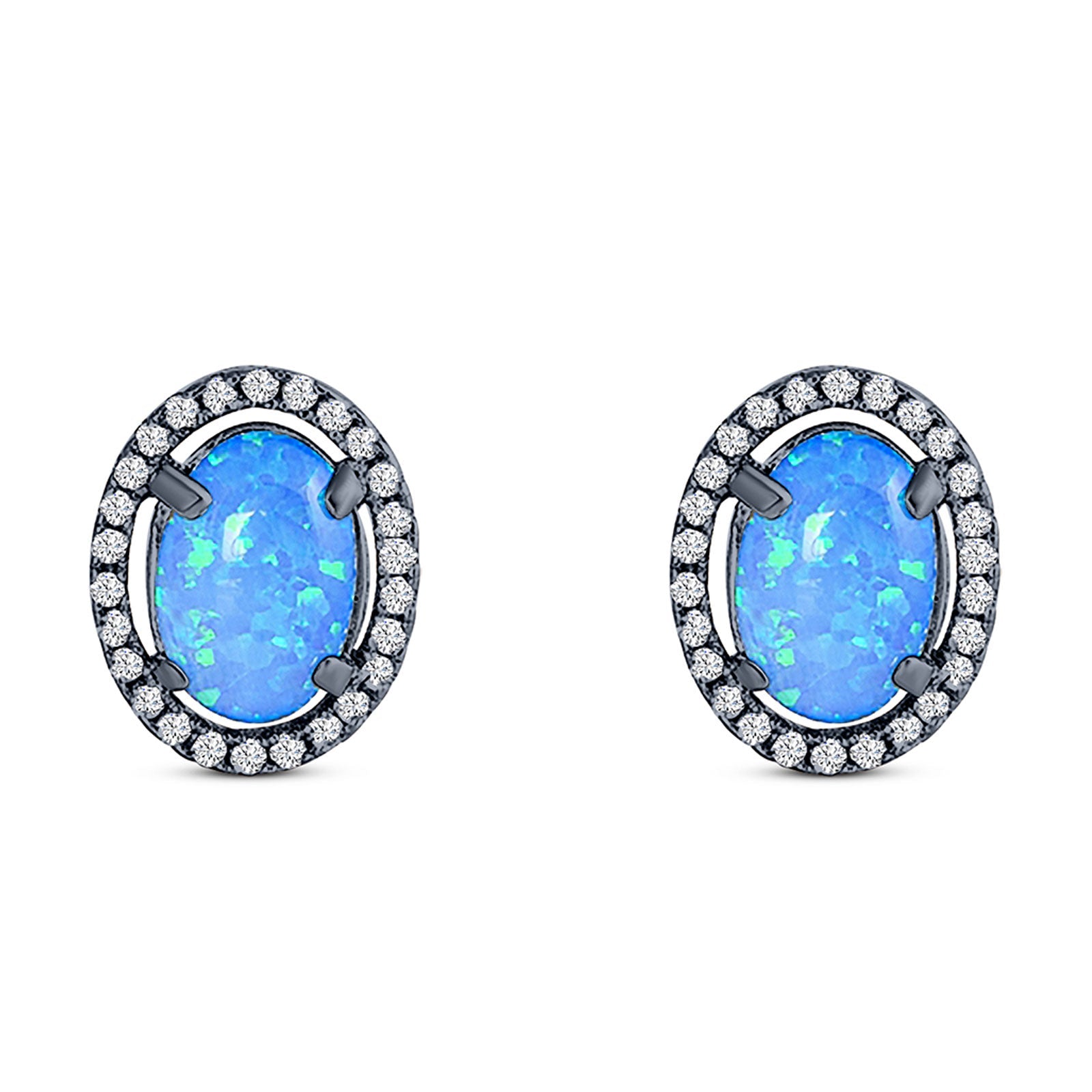Halo Art Deco Oval Stud Earring Simulated Cubic Zirconia Created Opal Solid 925 Sterling Silver (15mm)