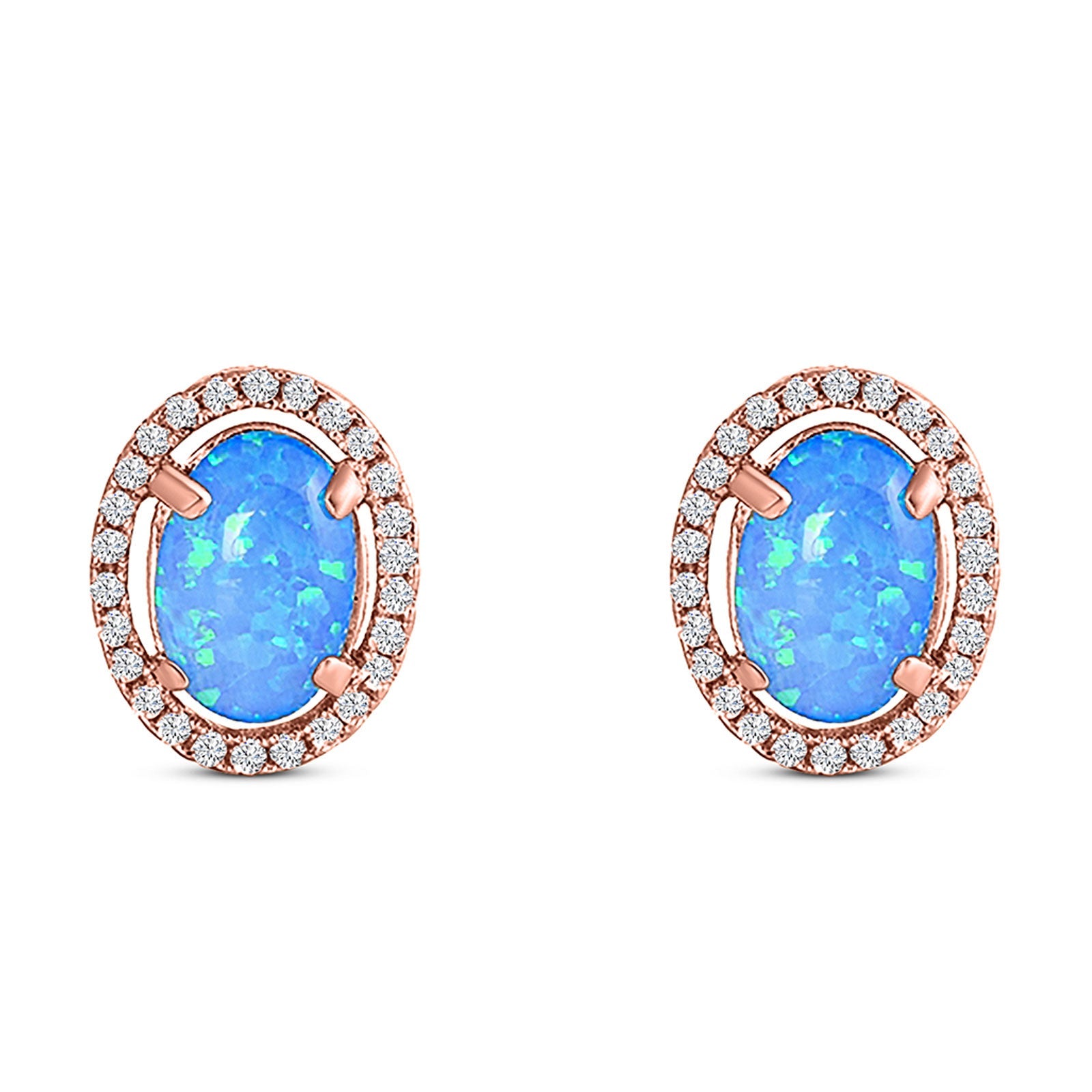 Halo Art Deco Oval Stud Earring Simulated Cubic Zirconia Created Opal Solid 925 Sterling Silver (15mm)