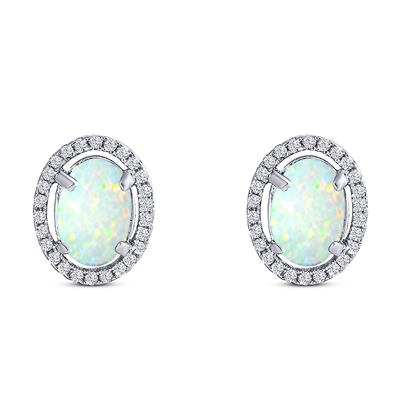 Halo Art Deco Oval Stud Earring Simulated Cubic Zirconia Created Opal Solid 925 Sterling Silver (15mm)