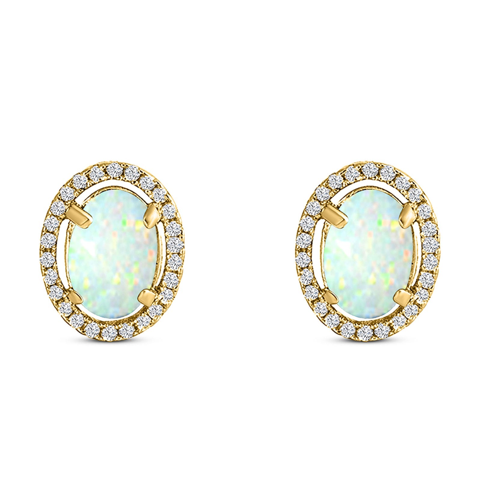 Halo Art Deco Oval Stud Earring Simulated Cubic Zirconia Created Opal Solid 925 Sterling Silver (15mm)