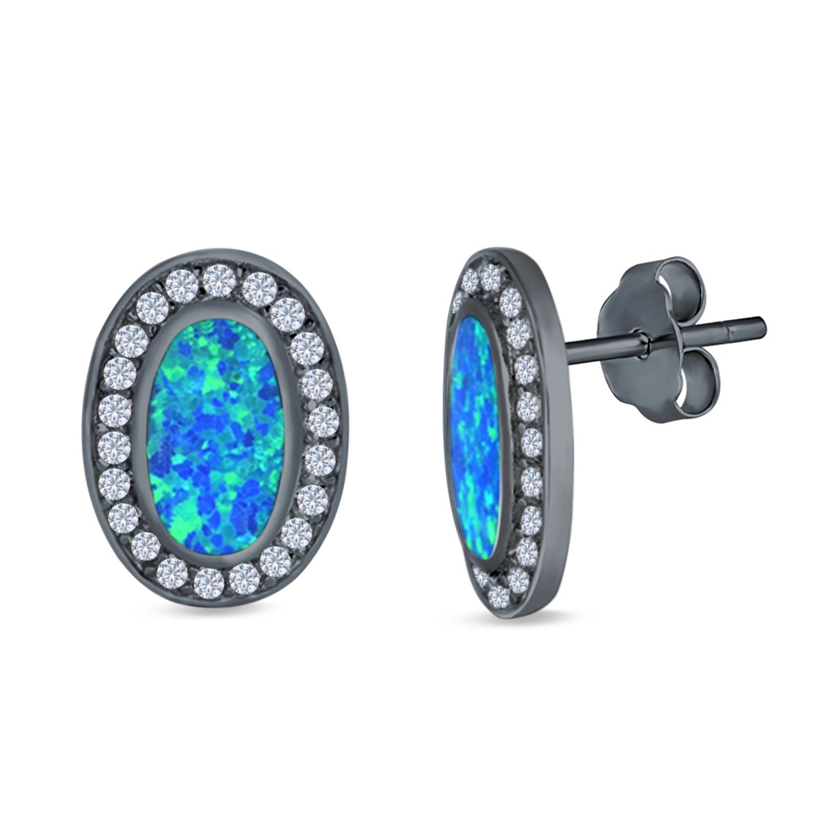 Halo Oval Stud Earrings Created Opal 925 Sterling Silver (16mm)
