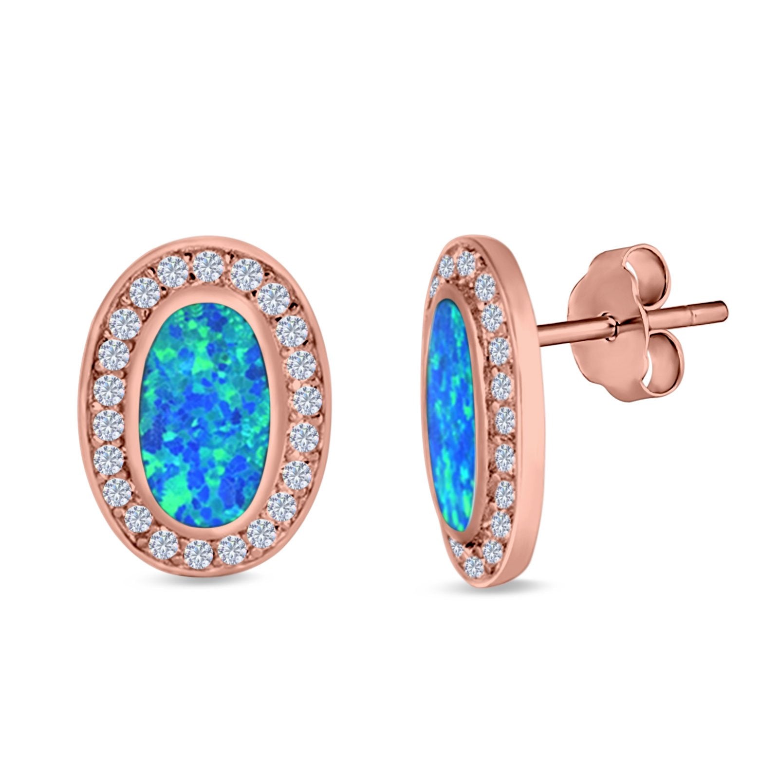 Halo Oval Stud Earrings Created Opal 925 Sterling Silver (16mm)