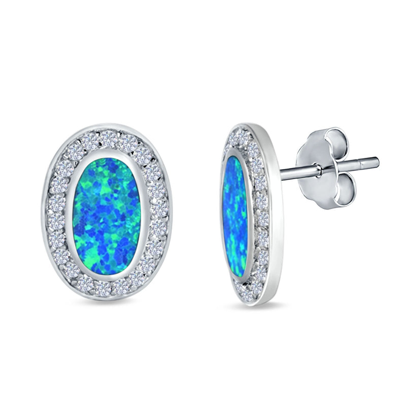 Halo Oval Stud Earrings Created Opal 925 Sterling Silver (16mm)