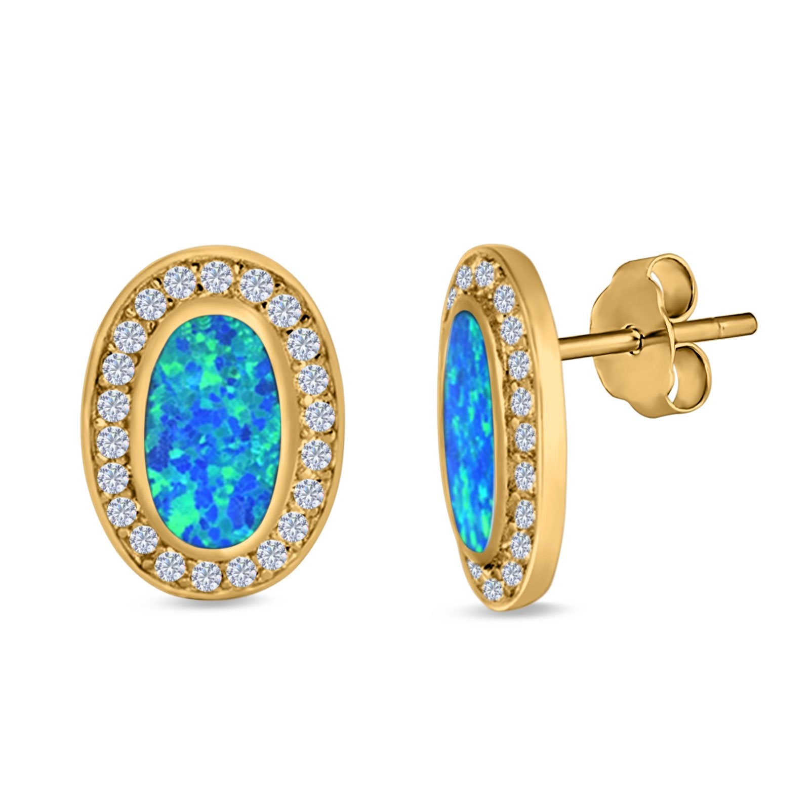 Halo Oval Stud Earrings Created Opal 925 Sterling Silver (16mm)