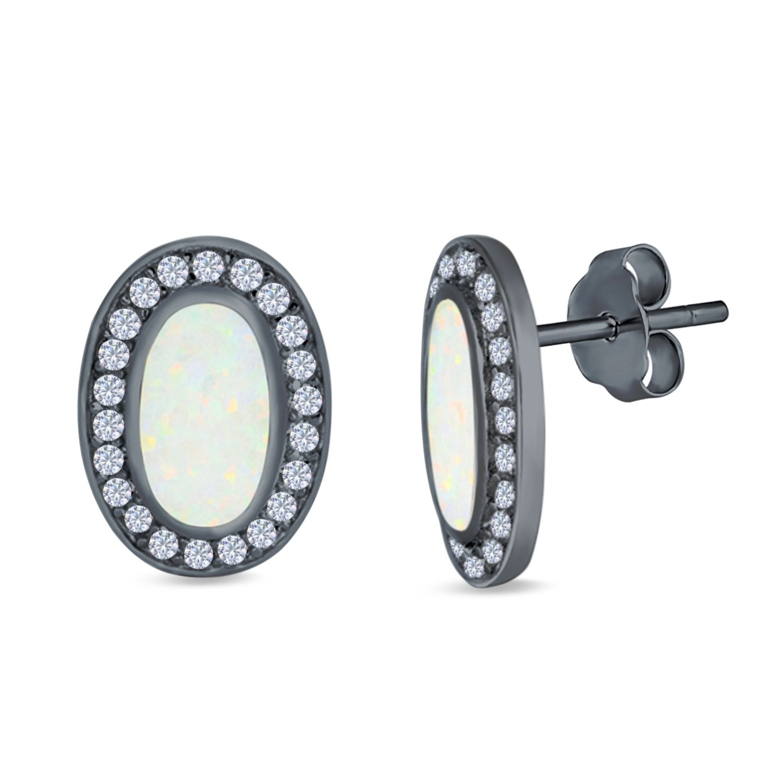 Halo Oval Stud Earrings Created Opal 925 Sterling Silver (16mm)