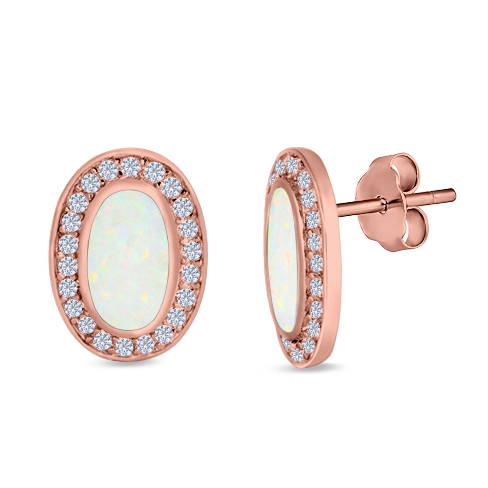 Halo Oval Stud Earrings Created Opal 925 Sterling Silver (16mm)