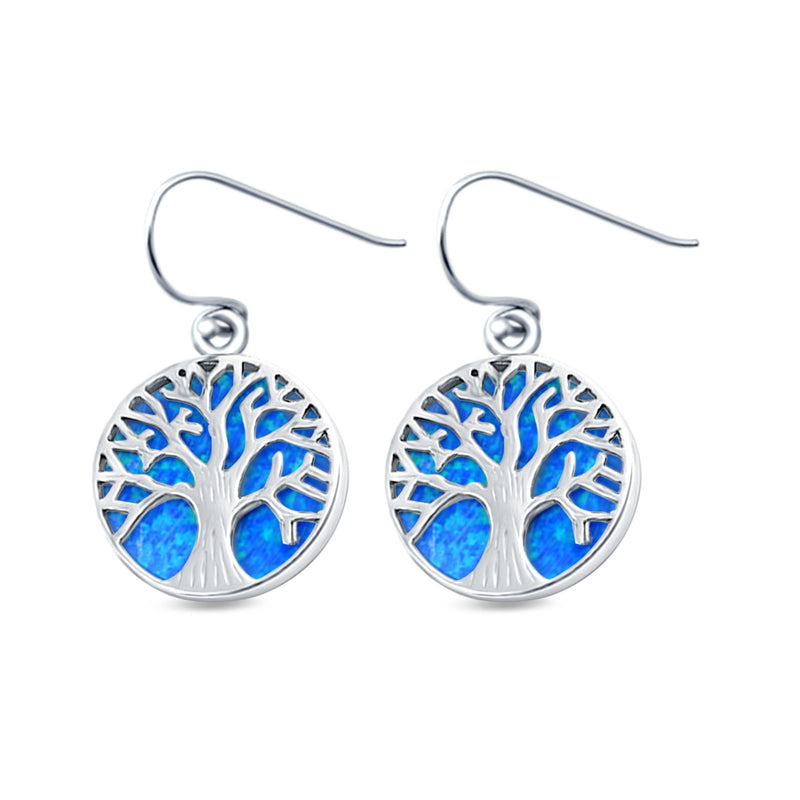 Circle Round Tree of Life Earrings Drop Dangle Created Opal 925 Sterling Silver(20mm)