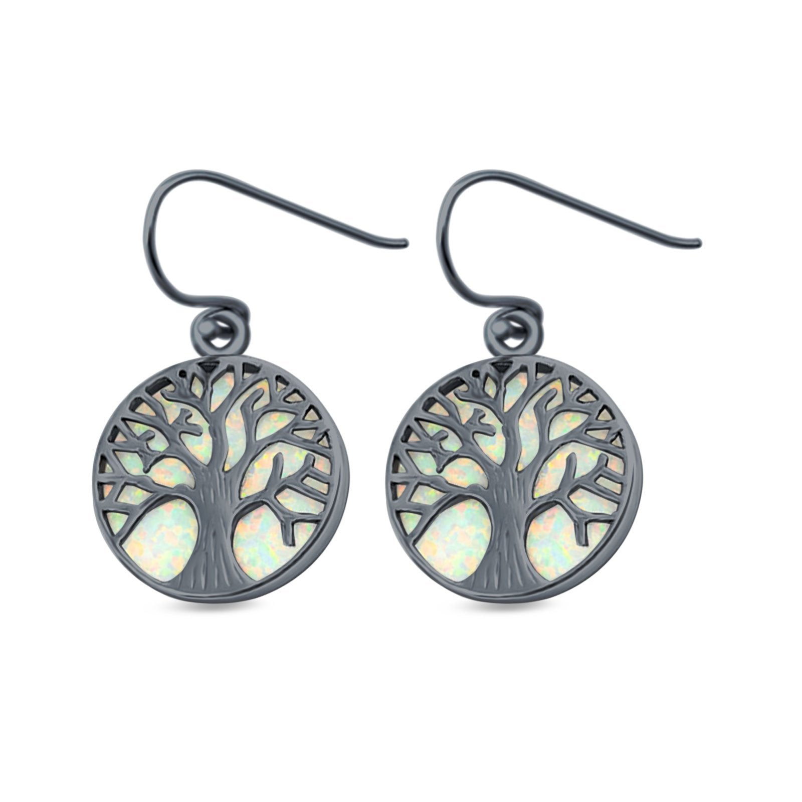 Circle Round Tree of Life Earrings Drop Dangle Created Opal 925 Sterling Silver(20mm)