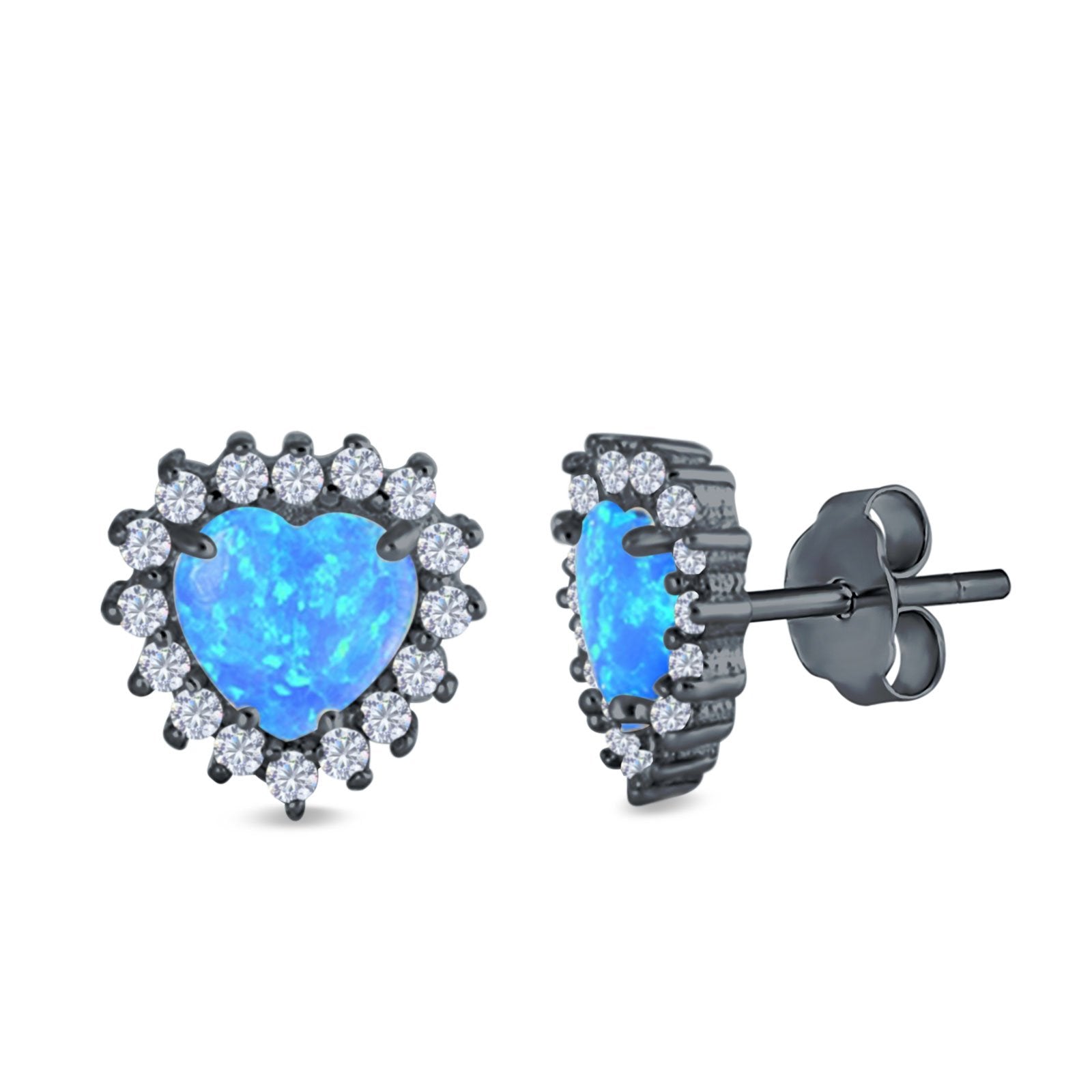 Halo Art Deco Heart Stud Earrings Created Opal 925 Sterling Silver (12mm)
