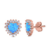 Halo Art Deco Heart Stud Earrings Created Opal 925 Sterling Silver (12mm)