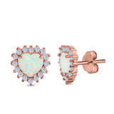 Halo Art Deco Heart Stud Earrings Created Opal 925 Sterling Silver (12mm)