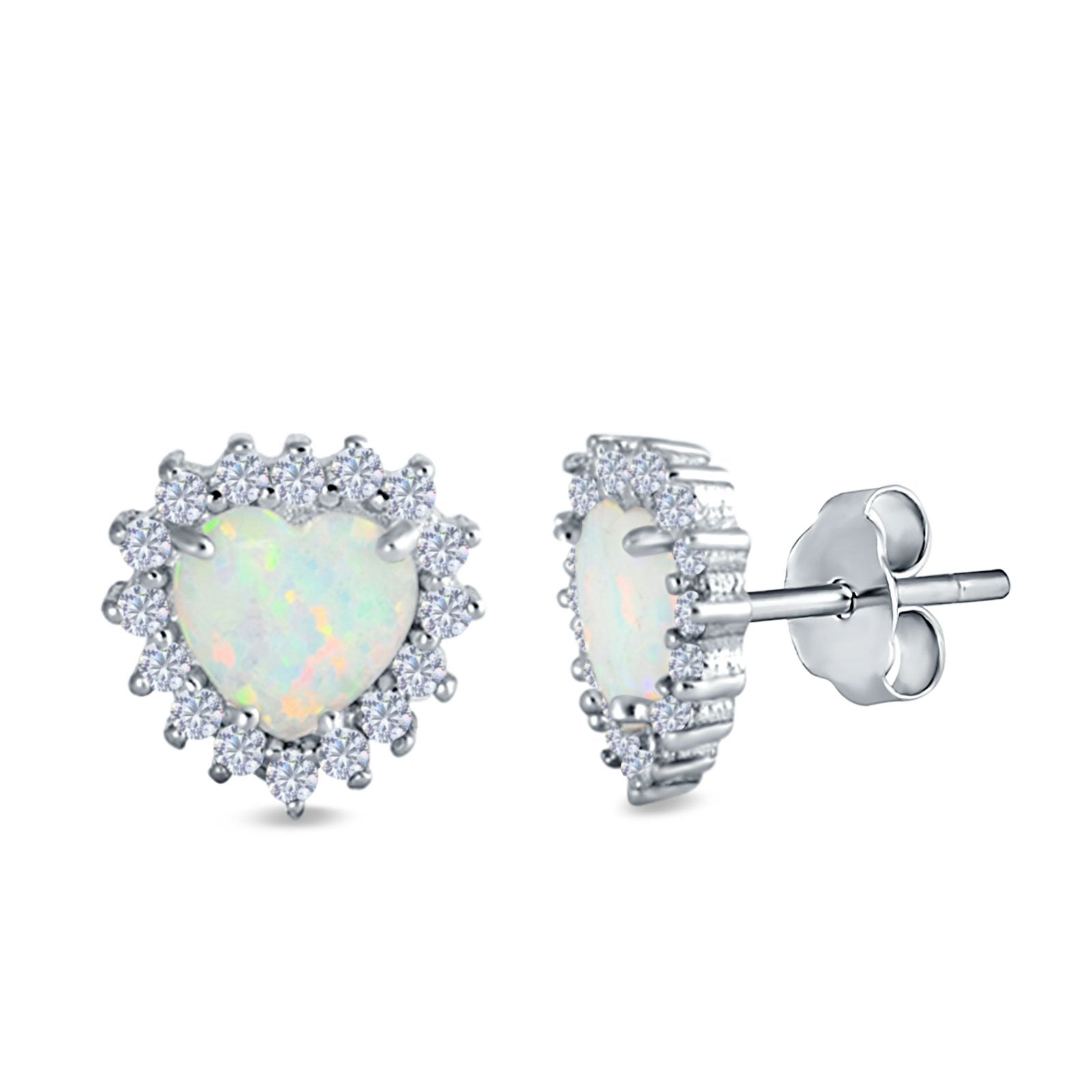 Halo Art Deco Heart Stud Earrings Created Opal 925 Sterling Silver (12mm)