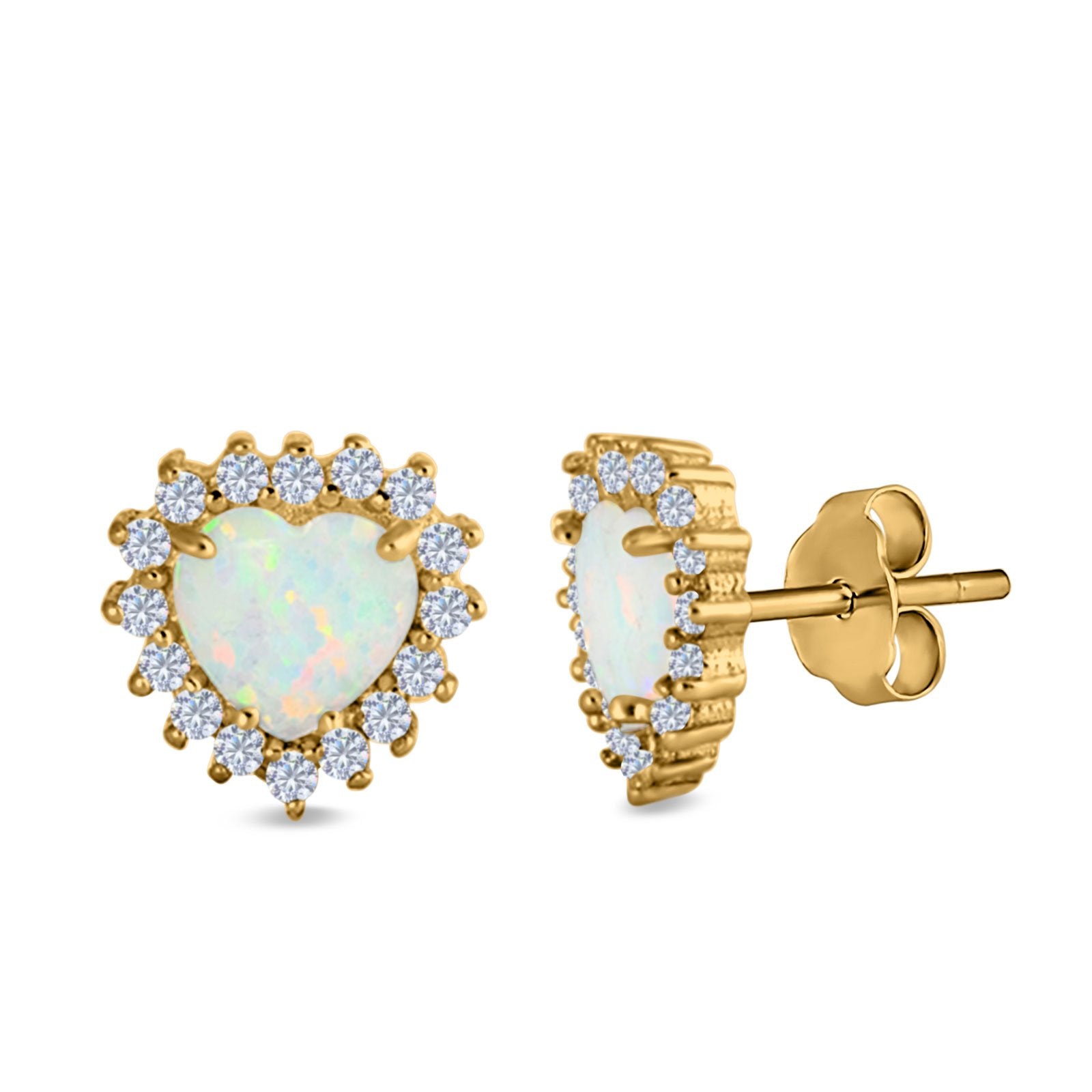 Halo Art Deco Heart Stud Earrings Created Opal 925 Sterling Silver (12mm)
