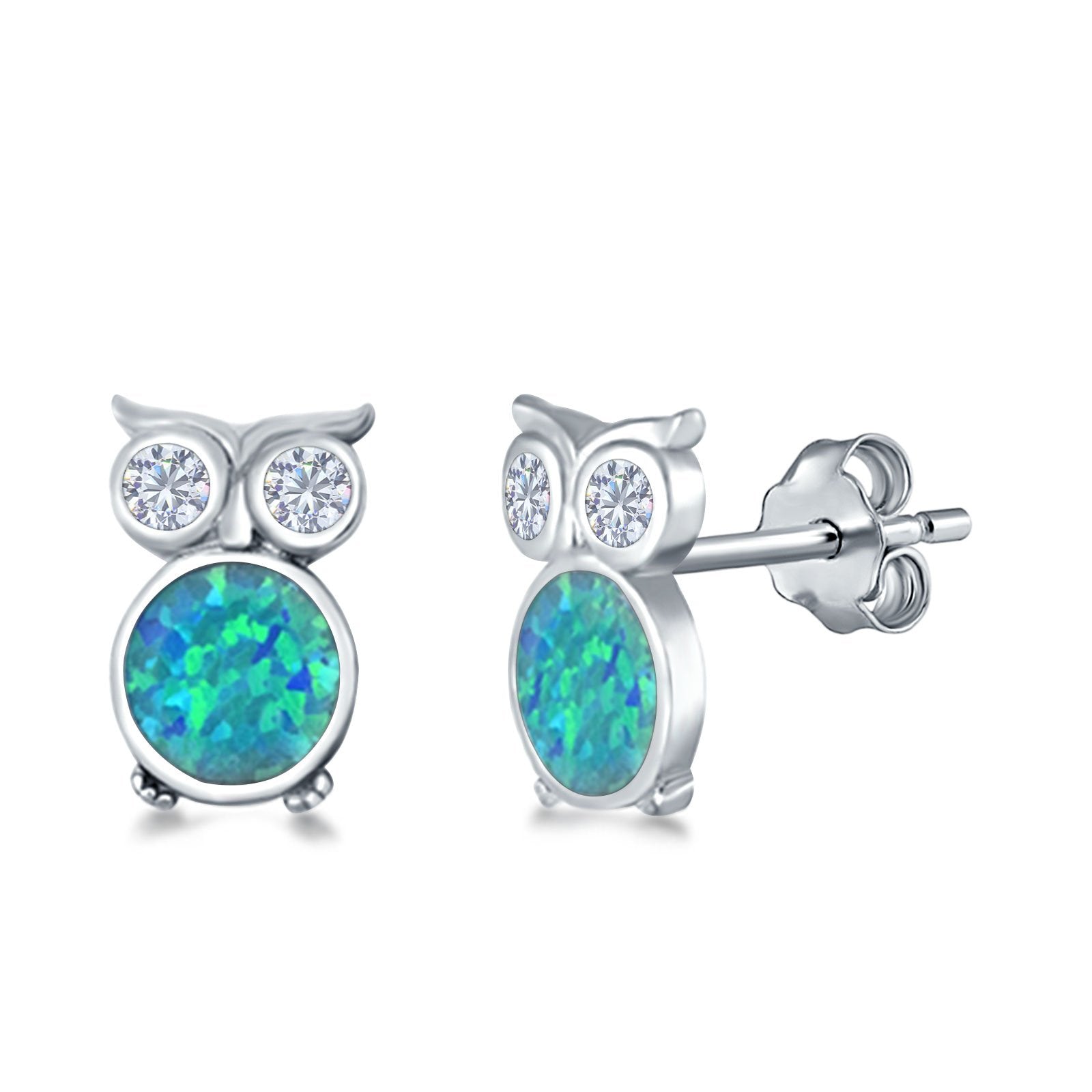 Owl Stud Earrings Lab Created Opal 925 Sterling Silver