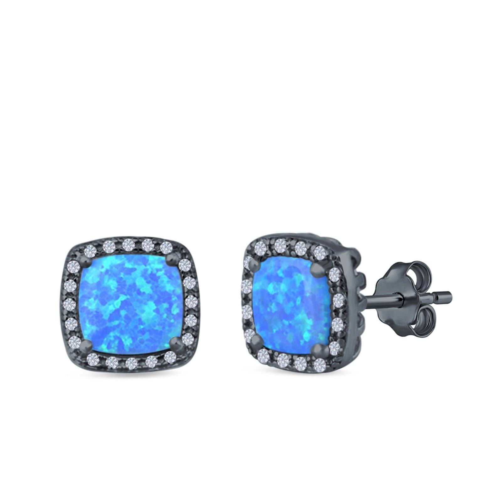 Halo Princess Cut Stud Earrings Created Opal 925 Sterling Silver
