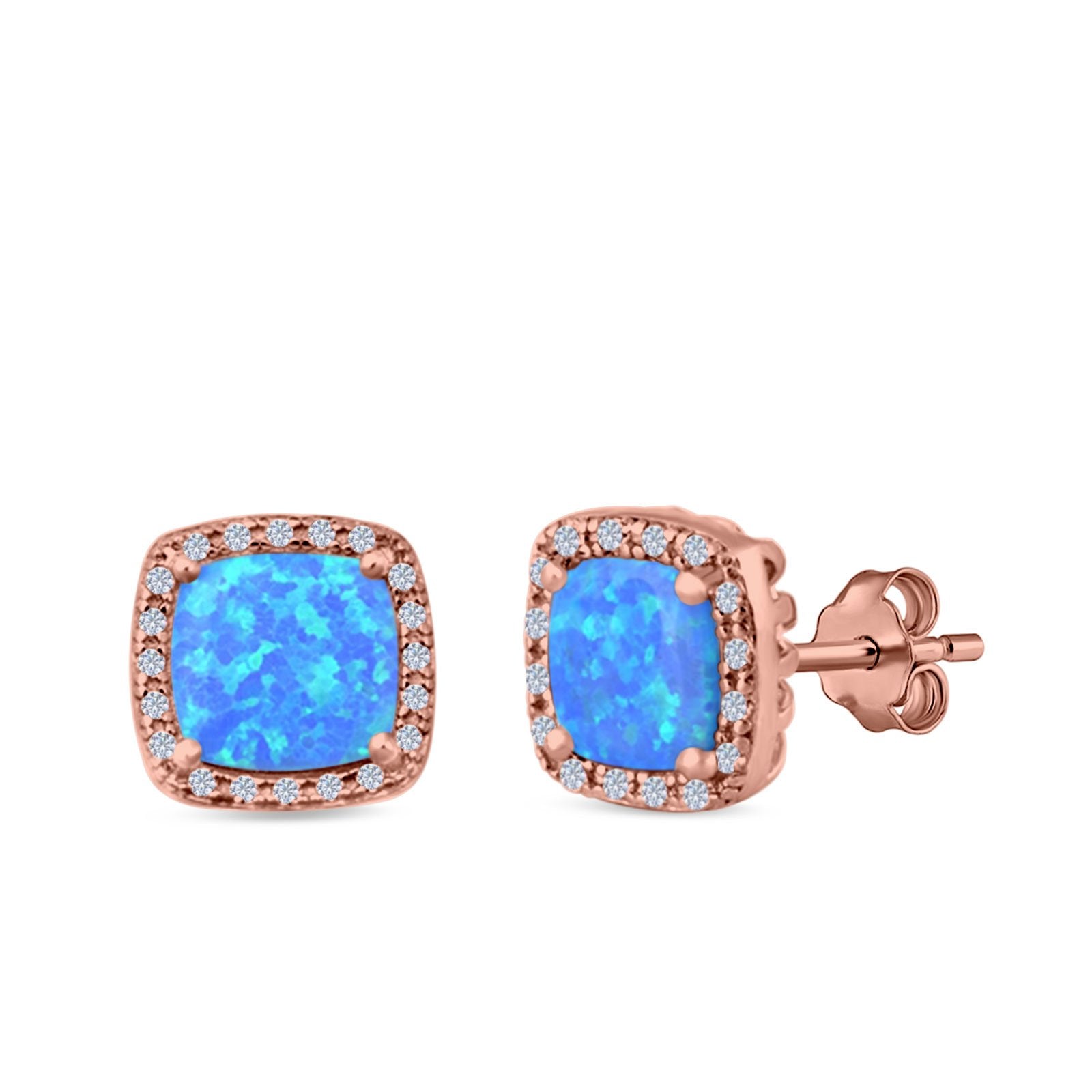 Halo Princess Cut Stud Earrings Created Opal 925 Sterling Silver