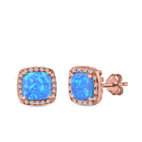 Halo Princess Cut Stud Earrings Created Opal 925 Sterling Silver