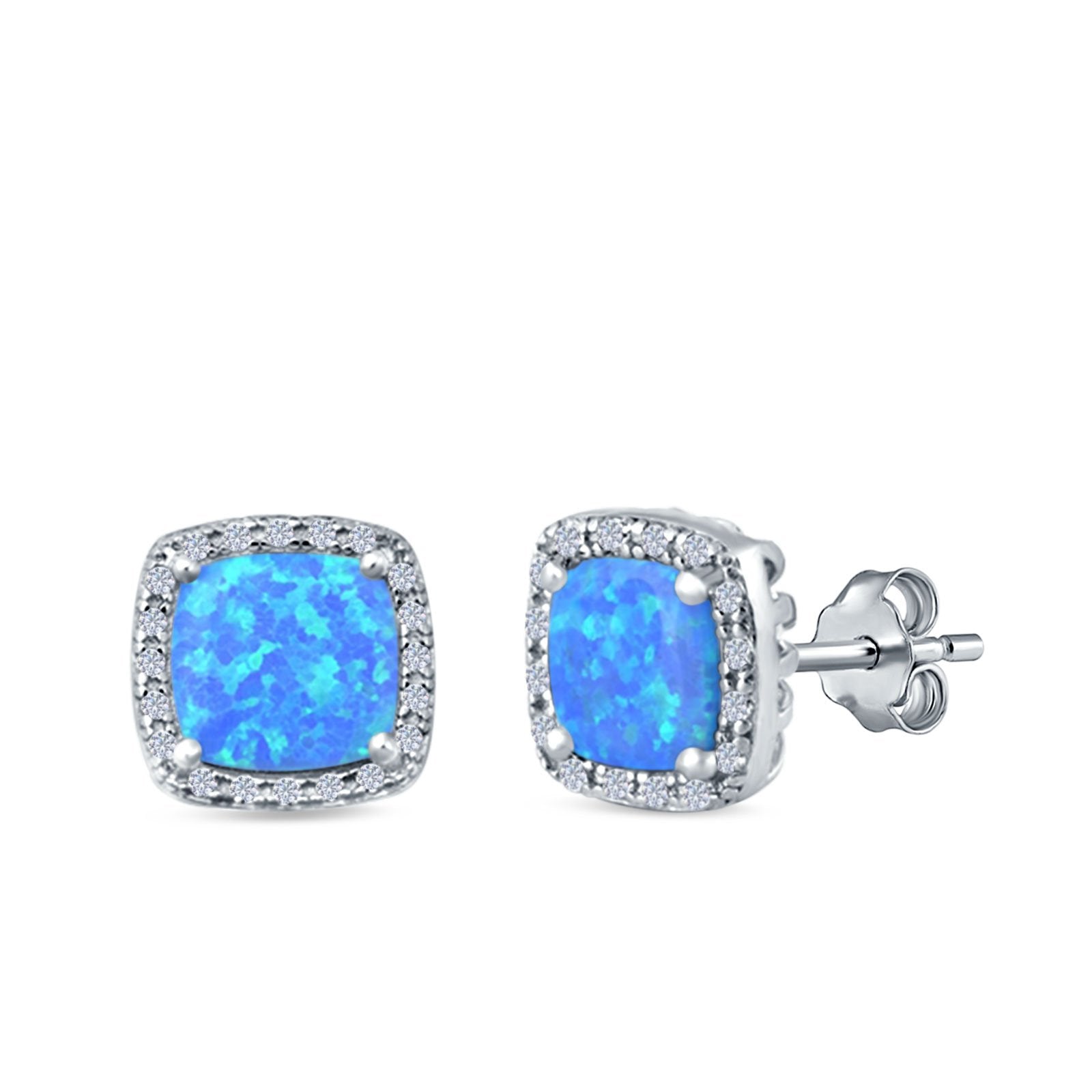 Halo Princess Cut Stud Earrings Created Opal 925 Sterling Silver