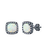 Halo Princess Cut Stud Earrings Created Opal 925 Sterling Silver