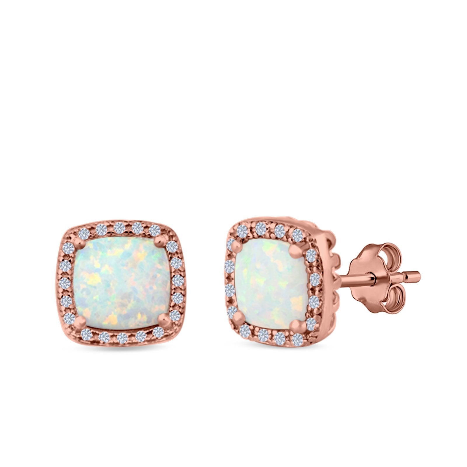 Halo Princess Cut Stud Earrings Created Opal 925 Sterling Silver