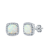 Halo Princess Cut Stud Earrings Created Opal 925 Sterling Silver
