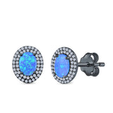 Double Halo Stud Earrings Oval Lab Created Opal 925 Sterling Silver