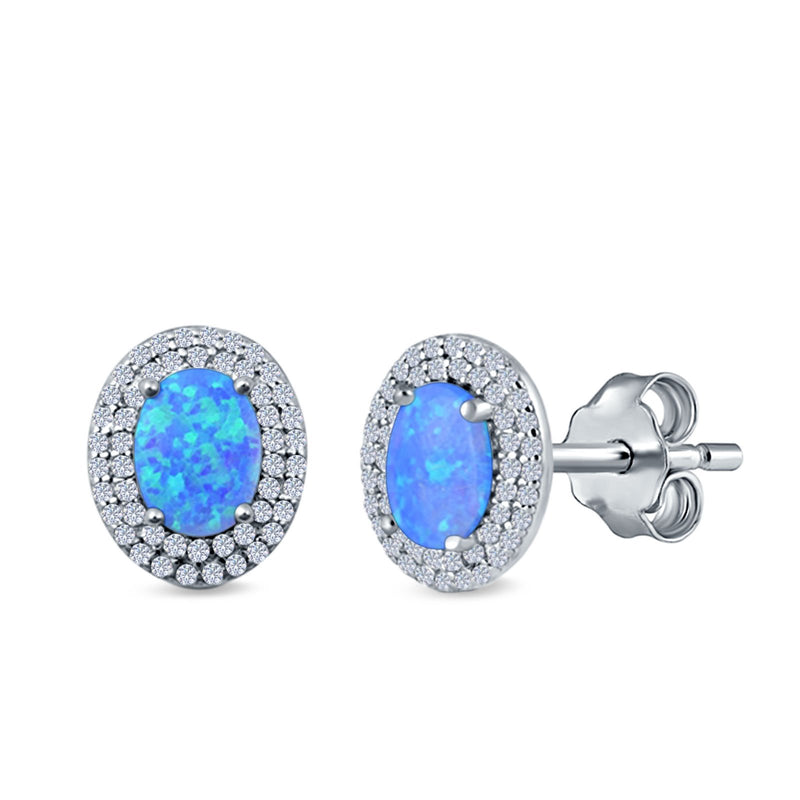Double Halo Stud Earrings Oval Lab Created Opal 925 Sterling Silver