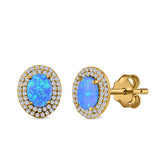 Double Halo Stud Earrings Oval Lab Created Opal 925 Sterling Silver