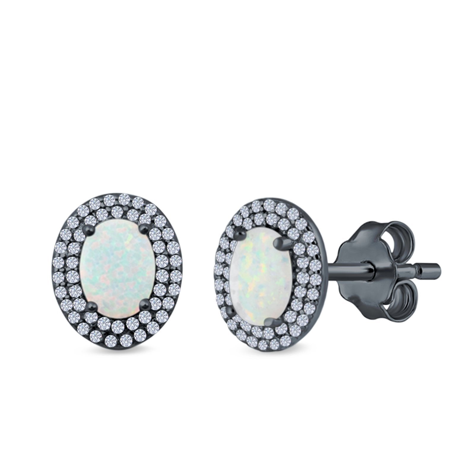 Double Halo Stud Earrings Oval Lab Created Opal 925 Sterling Silver