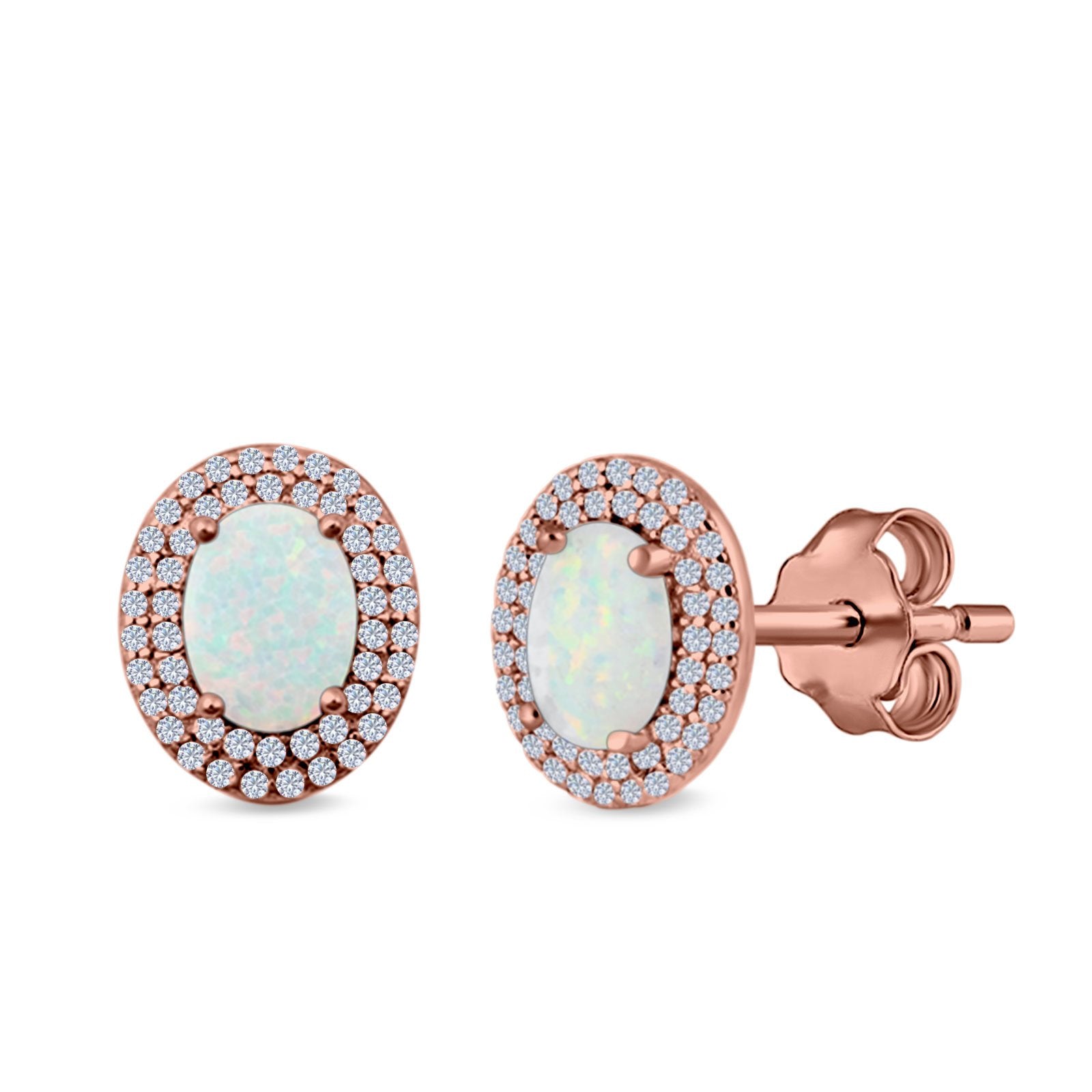 Double Halo Stud Earrings Oval Lab Created Opal 925 Sterling Silver