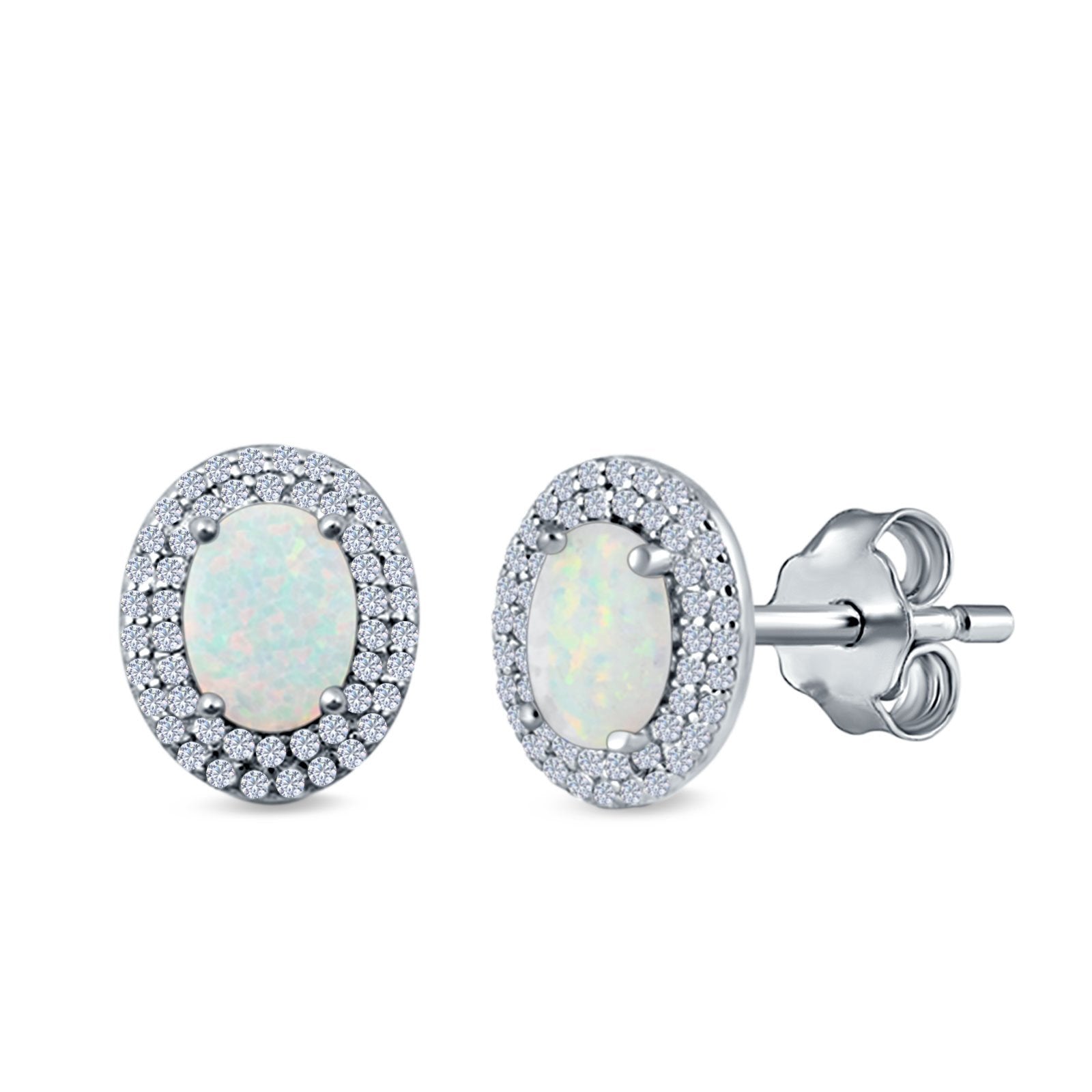 Double Halo Stud Earrings Oval Lab Created Opal 925 Sterling Silver