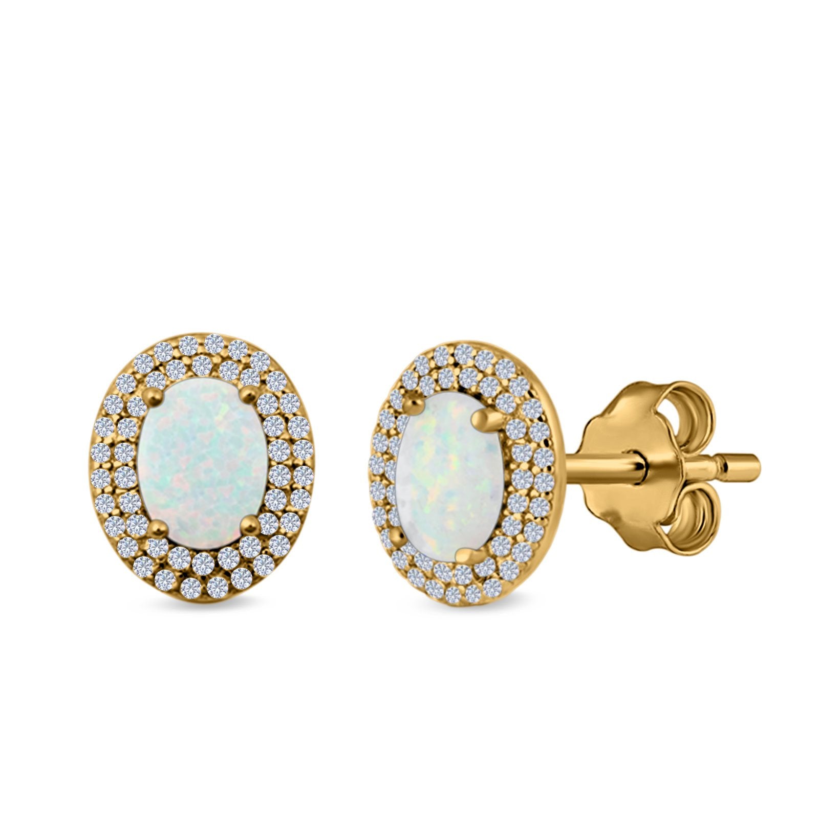 Double Halo Stud Earrings Oval Lab Created Opal 925 Sterling Silver