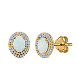 Double Halo Stud Earrings Oval Lab Created Opal 925 Sterling Silver