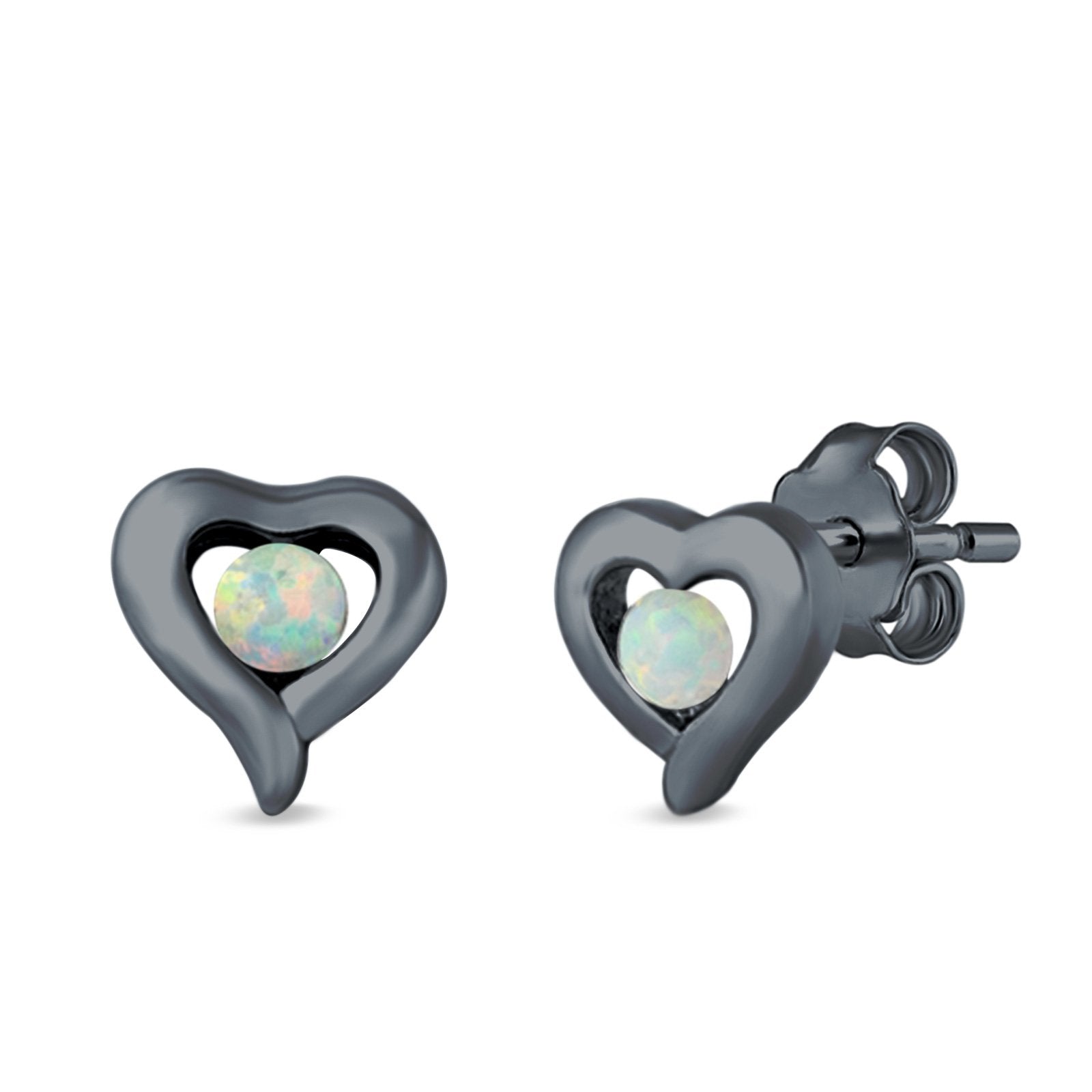 Heart Stud Earrings Round Lab Created Opal 925 Sterling Silver