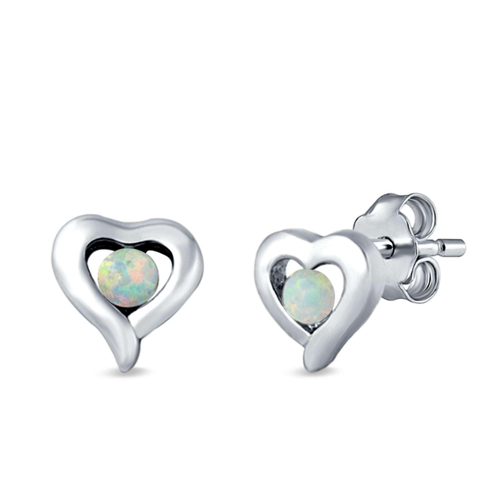 Heart Stud Earrings Round Lab Created Opal 925 Sterling Silver