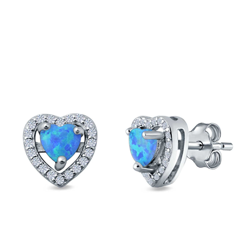 Halo Heart Stud Earrings Lab Created Opal 925 Sterling Silver