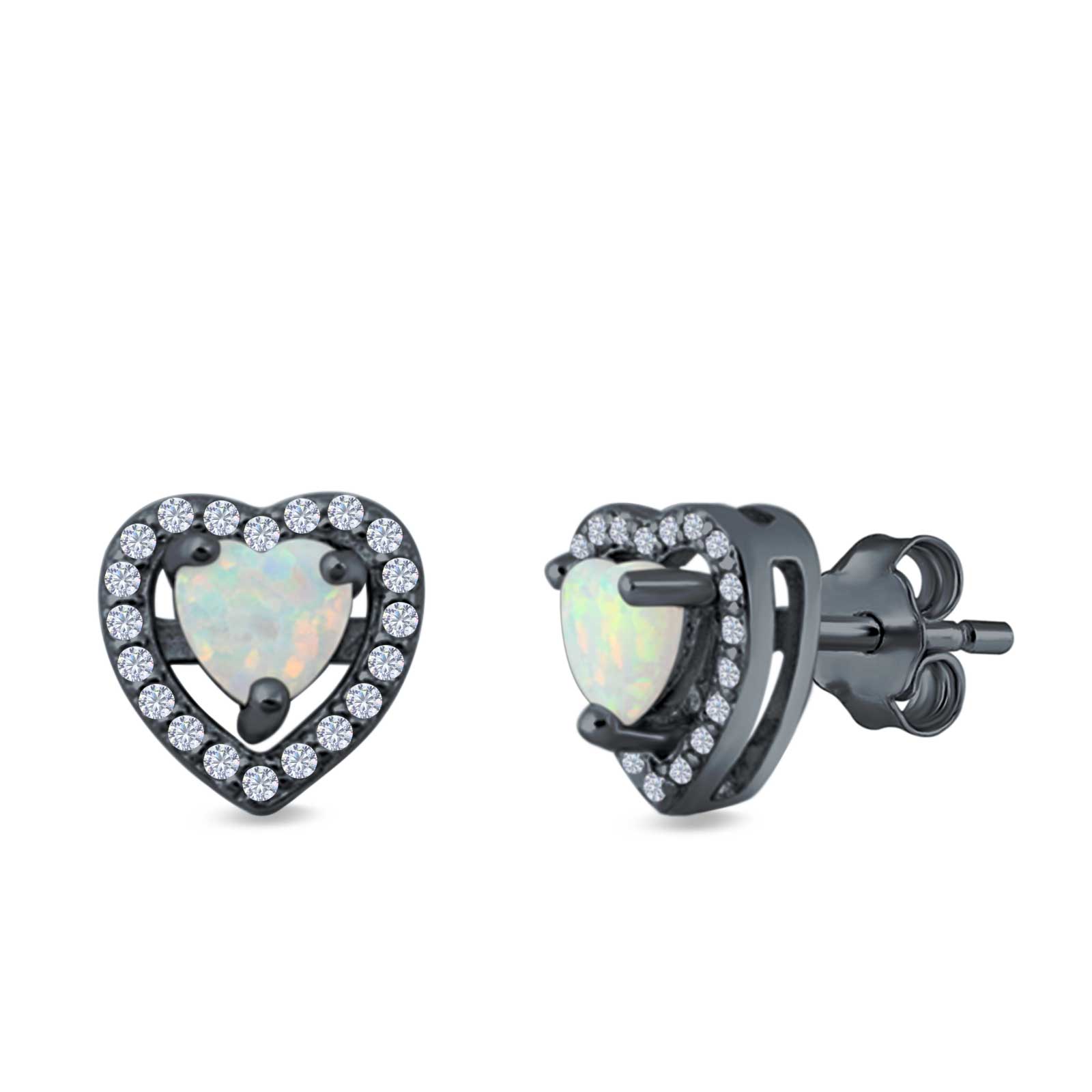 Halo Heart Stud Earrings Lab Created Opal 925 Sterling Silver