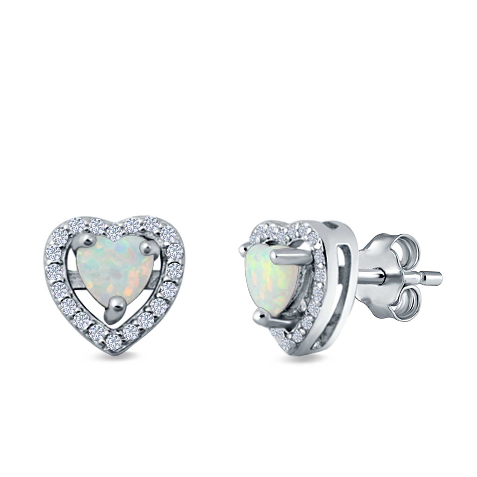 Halo Heart Stud Earrings Lab Created Opal 925 Sterling Silver
