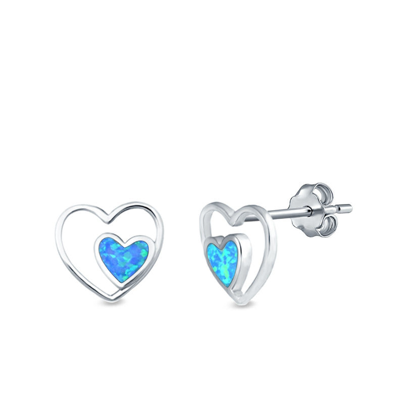 Double Hearts Stud Earrings Lab Created Opal 925 Sterling Silver (9mm)