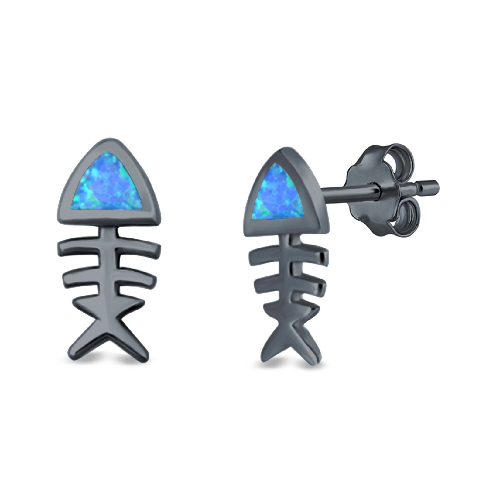 Fish Stud Earrings Lab Created Opal 925 Sterling Silver (10mm)