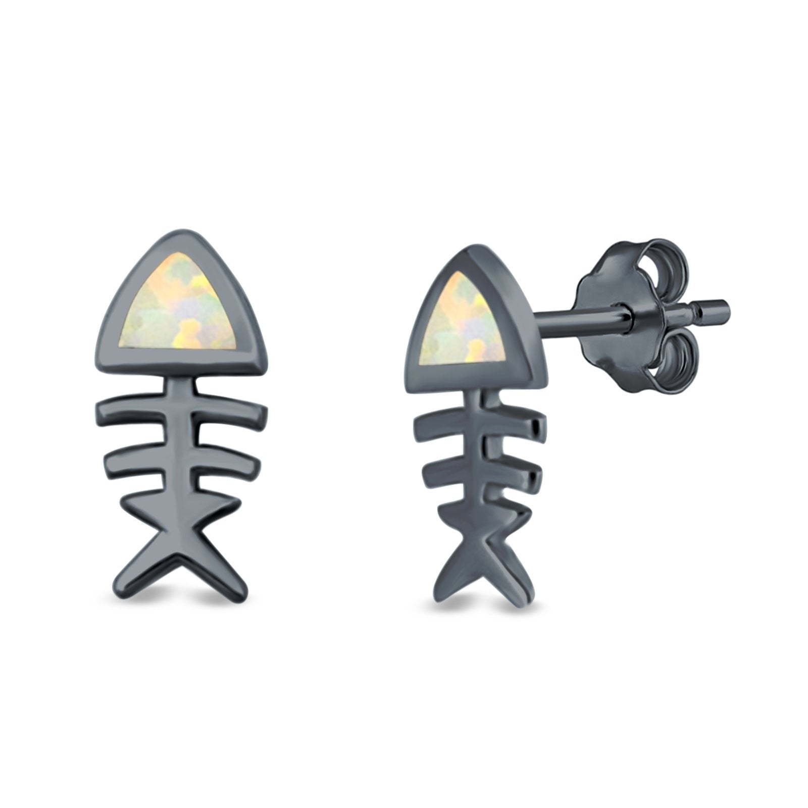 Fish Stud Earrings Lab Created Opal 925 Sterling Silver (10mm)