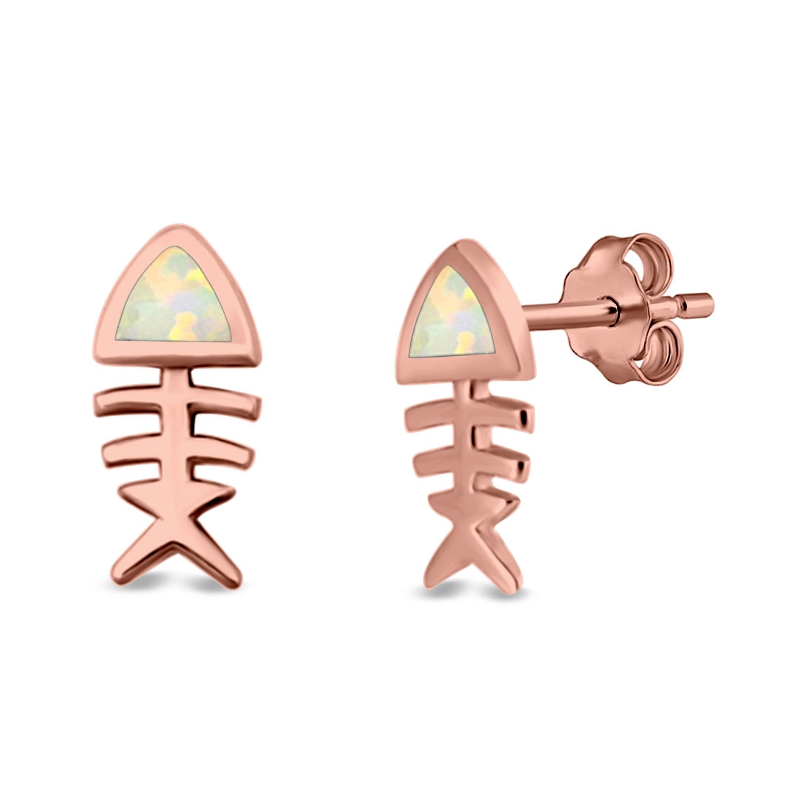 Fish Stud Earrings Lab Created Opal 925 Sterling Silver (10mm)