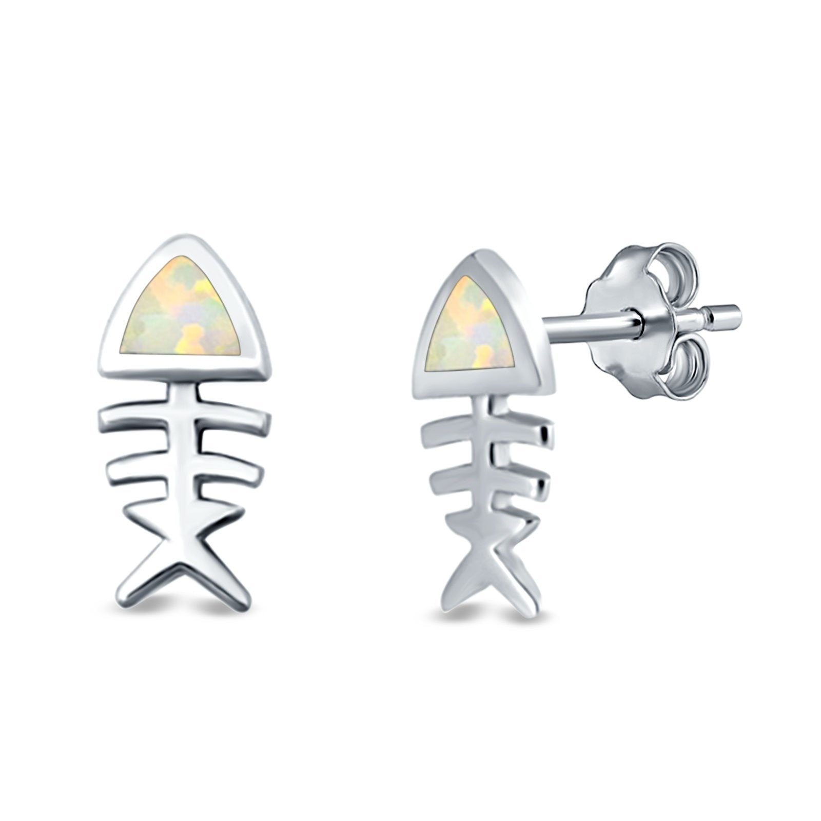 Fish Stud Earrings Lab Created Opal 925 Sterling Silver (10mm)