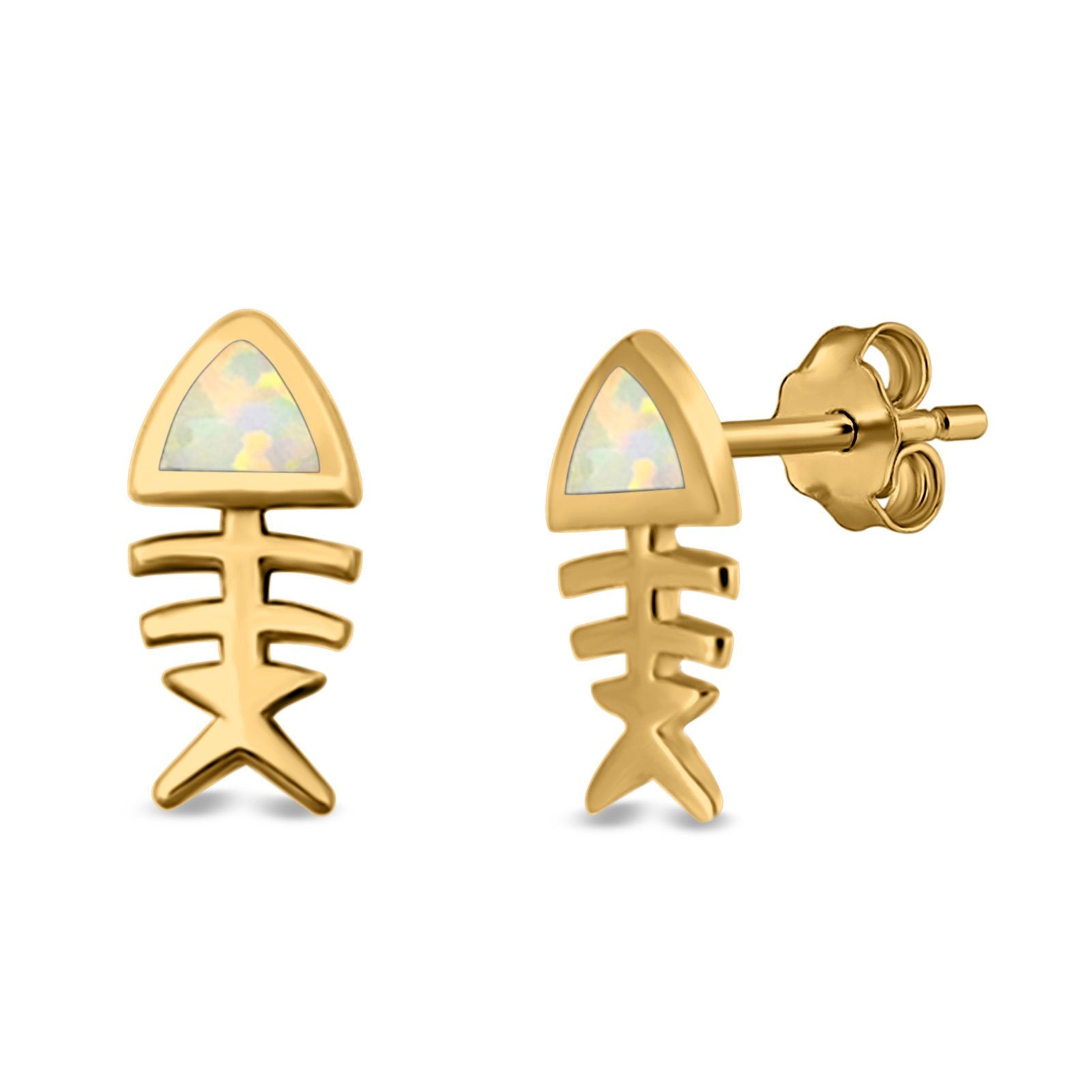 Fish Stud Earrings Lab Created Opal 925 Sterling Silver (10mm)